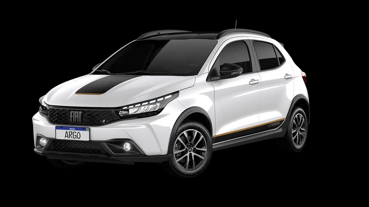 Fiat Argo Trekking 1.3 CVT 2026 em estúdio, vista 3/4 dianteira